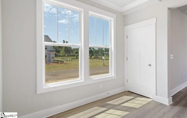 interior space with crown molding, hardwood / wood-style flooring, and a healthy amount of sunlight