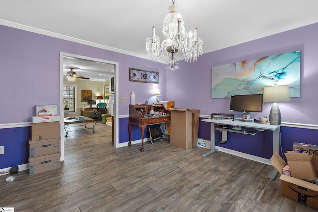 home office with ornamental molding, ceiling fan with notable chandelier, and dark hardwood / wood-style flooring