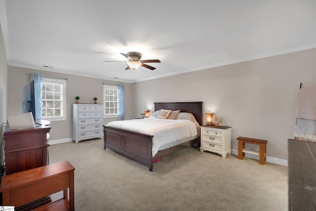 bedroom featuring ceiling fan, light colored carpet, and ornamental molding