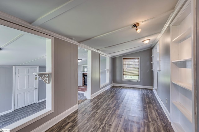 interior space with vaulted ceiling, dark hardwood / wood-style floors, and a fireplace