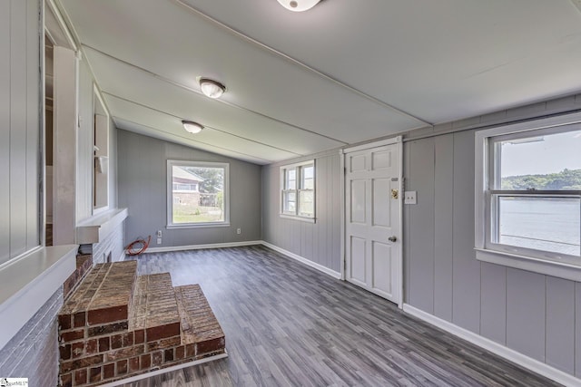 foyer entrance with vaulted ceiling and dark hardwood / wood-style floors