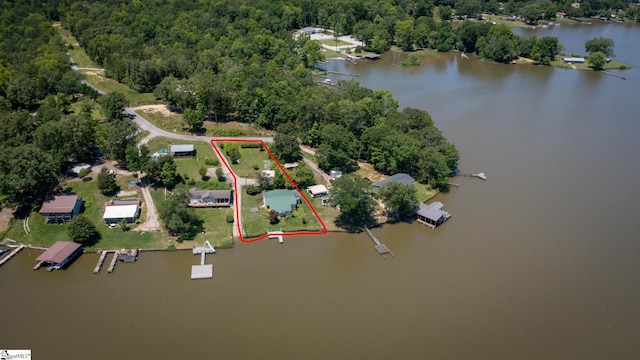 drone / aerial view featuring a water view