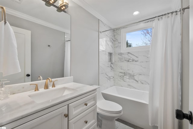 full bathroom featuring ornamental molding, toilet, vanity, and shower / bath combo with shower curtain