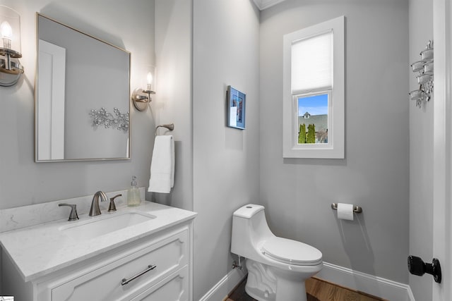 bathroom featuring vanity, hardwood / wood-style flooring, and toilet