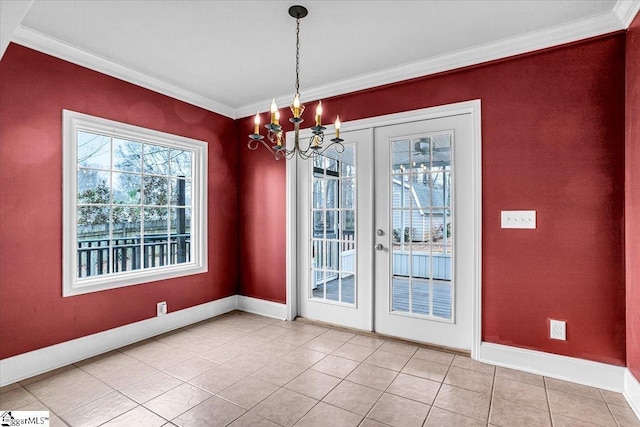 unfurnished dining area featuring light tile patterned floors, ornamental molding, and a chandelier