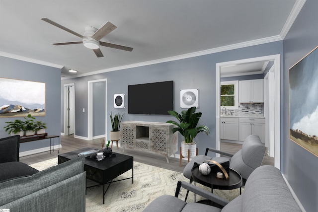 living room with sink, crown molding, light hardwood / wood-style floors, and ceiling fan