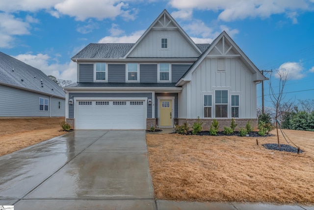 craftsman inspired home with a garage and a front lawn