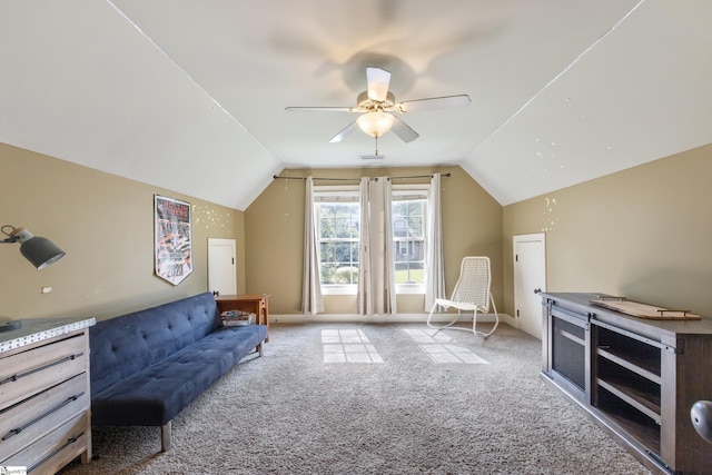 bonus room with lofted ceiling, carpet floors, and ceiling fan