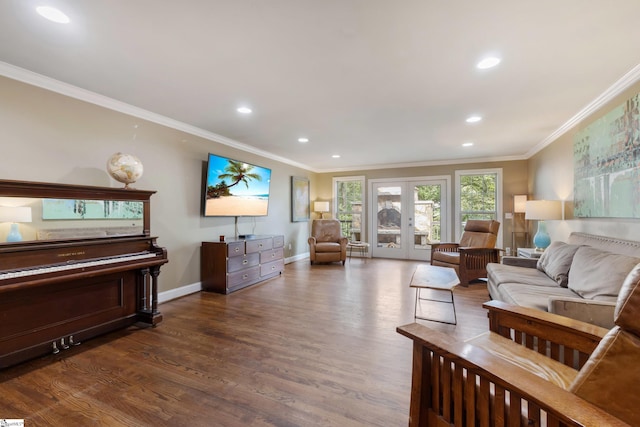 living room featuring ornamental molding, dark hardwood / wood-style flooring, and french doors