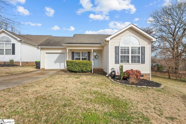 single story home featuring a garage and a front yard