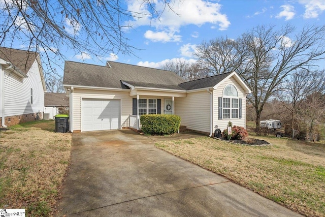 single story home with a garage and a front yard