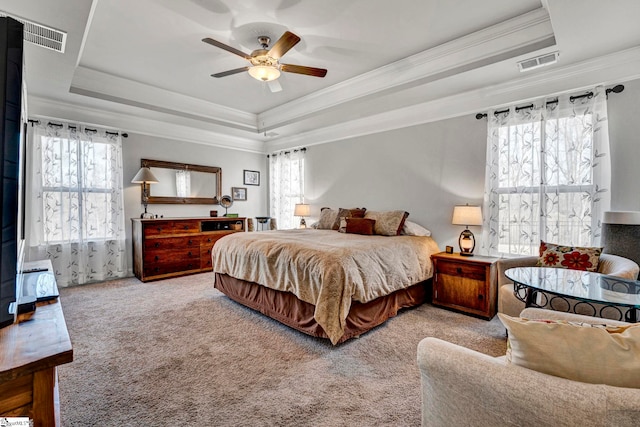 carpeted bedroom featuring crown molding, a raised ceiling, and multiple windows