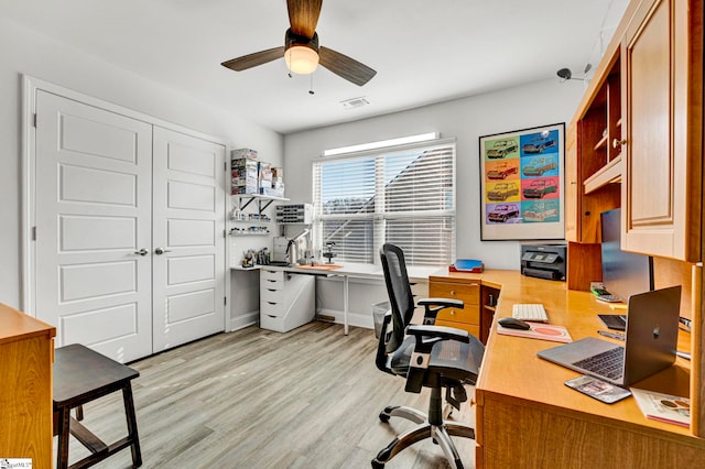 office space featuring ceiling fan and light hardwood / wood-style flooring