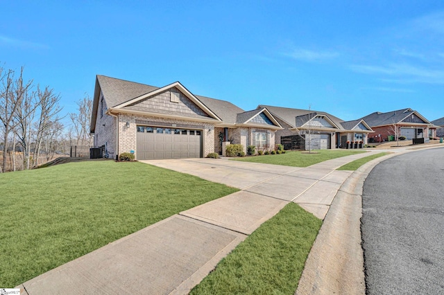 view of front of home featuring a garage, central AC unit, and a front lawn