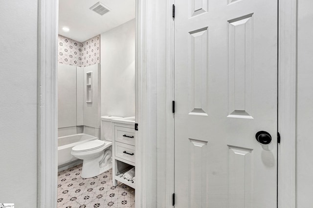 full bathroom featuring vanity,  shower combination, and toilet