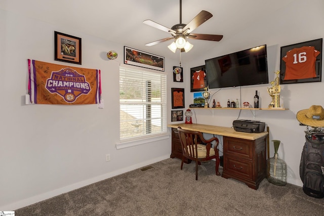 office with ceiling fan and carpet flooring