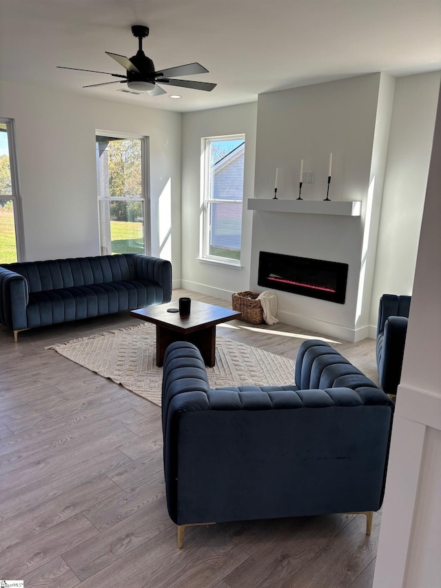 living room with ceiling fan and light wood-type flooring