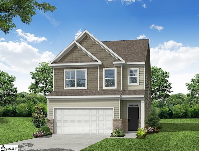 craftsman house with a garage and a front lawn