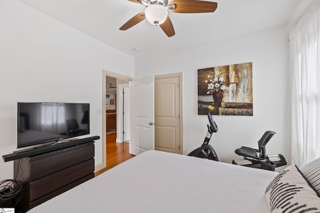 bedroom featuring light hardwood / wood-style flooring and ceiling fan