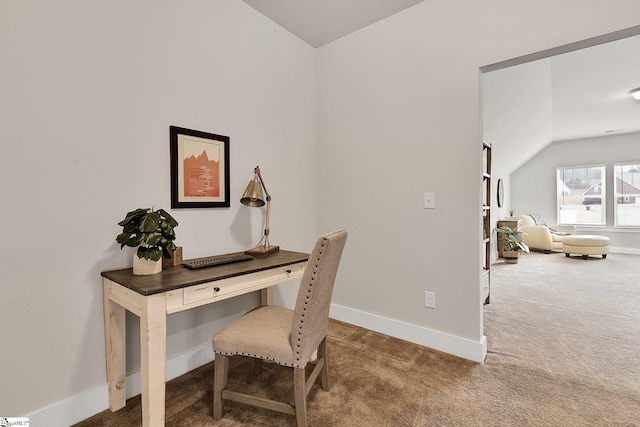 home office with carpet and lofted ceiling