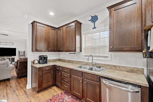 kitchen with sink, crown molding, light hardwood / wood-style flooring, dark brown cabinets, and stainless steel dishwasher