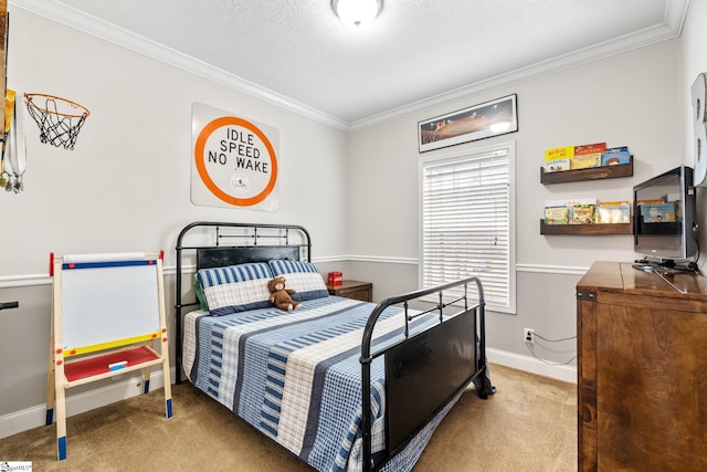 bedroom with ornamental molding, light colored carpet, and a textured ceiling