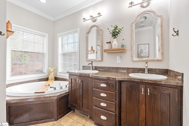 bathroom featuring vanity, a bath, tile patterned floors, and ornamental molding