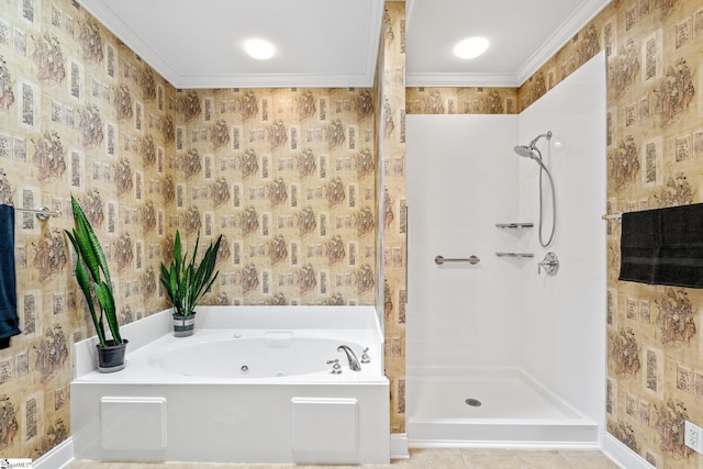 bathroom with ornamental molding and separate shower and tub