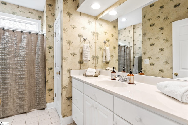 bathroom with vanity, a shower with curtain, and tile patterned floors