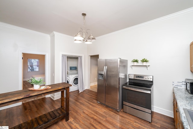 kitchen with stainless steel appliances, washer / dryer, dark wood-type flooring, and hanging light fixtures