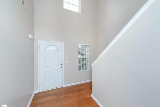 foyer featuring a high ceiling, light hardwood / wood-style flooring, and a wealth of natural light