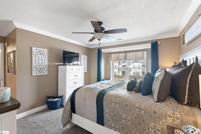 carpeted bedroom featuring ceiling fan, crown molding, and a textured ceiling