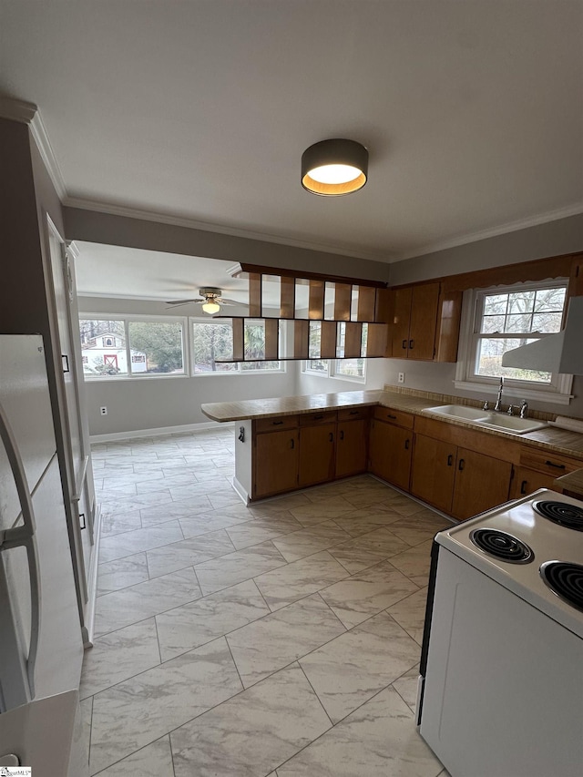 kitchen with refrigerator, sink, ornamental molding, kitchen peninsula, and electric stove