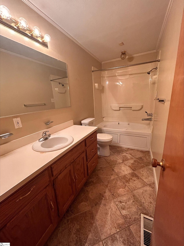 full bathroom with ornamental molding, shower / washtub combination, vanity, and toilet