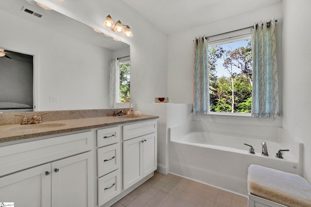 bathroom with vanity, a bathing tub, and a healthy amount of sunlight