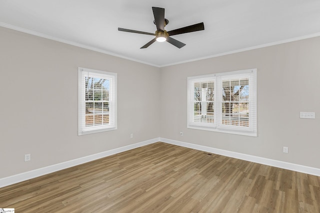 unfurnished room featuring crown molding, ceiling fan, and wood-type flooring