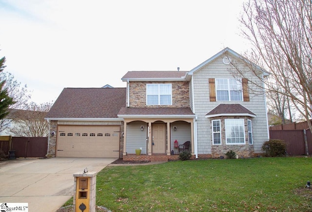 view of property with a garage and a front yard