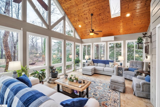 sunroom featuring ceiling fan, lofted ceiling with skylight, wooden ceiling, and a wall unit AC