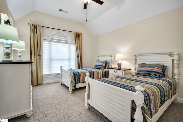 bedroom with light carpet, vaulted ceiling, and ceiling fan