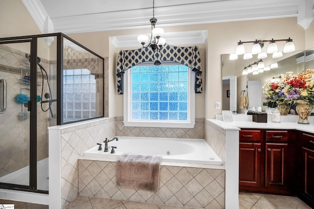 bathroom featuring tile patterned flooring, vanity, ornamental molding, and shower with separate bathtub