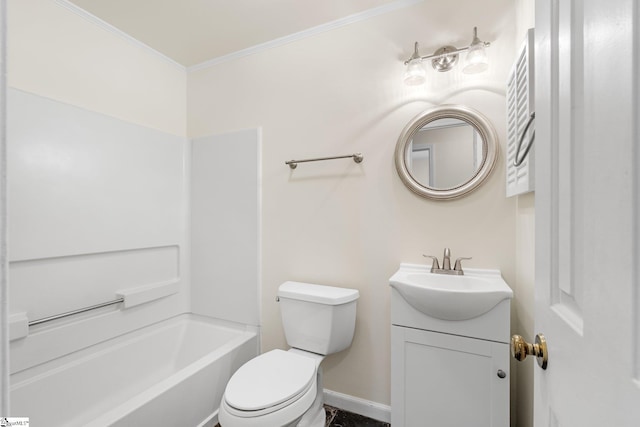 full bathroom featuring vanity, crown molding, bathtub / shower combination, and toilet