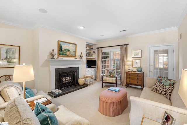 living room with crown molding and light colored carpet