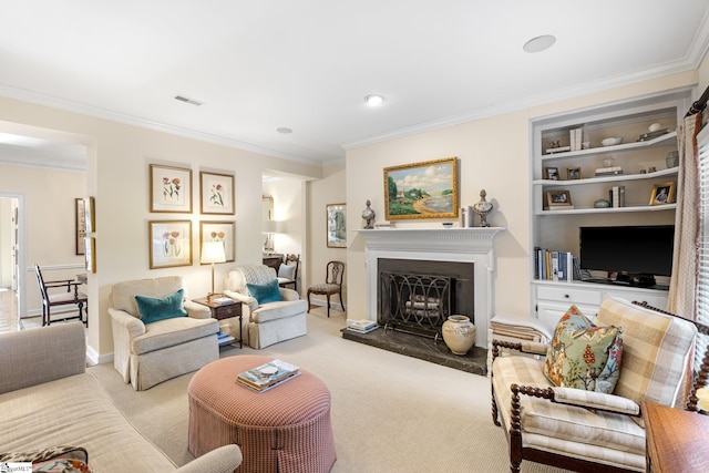 carpeted living room featuring ornamental molding and built in features