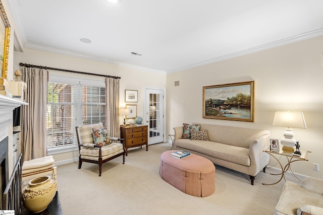 carpeted living room featuring ornamental molding