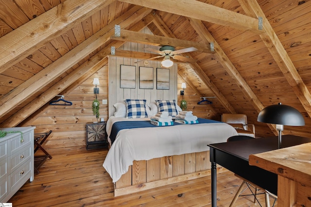 bedroom featuring wood ceiling, wooden walls, light hardwood / wood-style floors, and lofted ceiling with beams