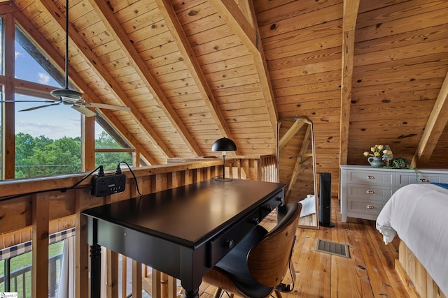 interior space featuring vaulted ceiling with beams, hardwood / wood-style flooring, wooden ceiling, and wood walls