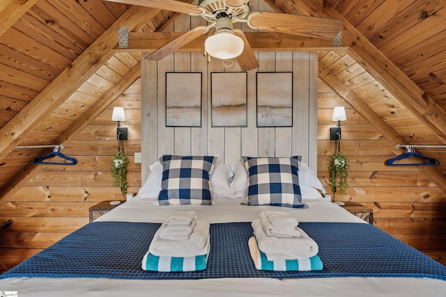 bedroom with wooden walls, vaulted ceiling with beams, and wood ceiling