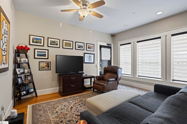 living room with ceiling fan and light wood-type flooring