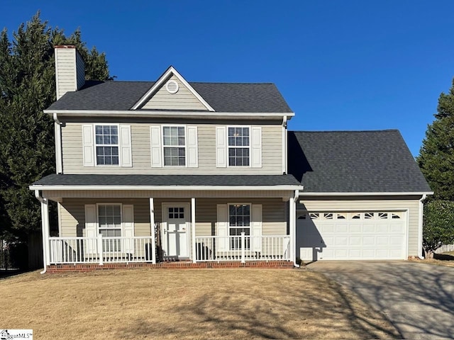 view of front of house featuring a garage, a front yard, and covered porch