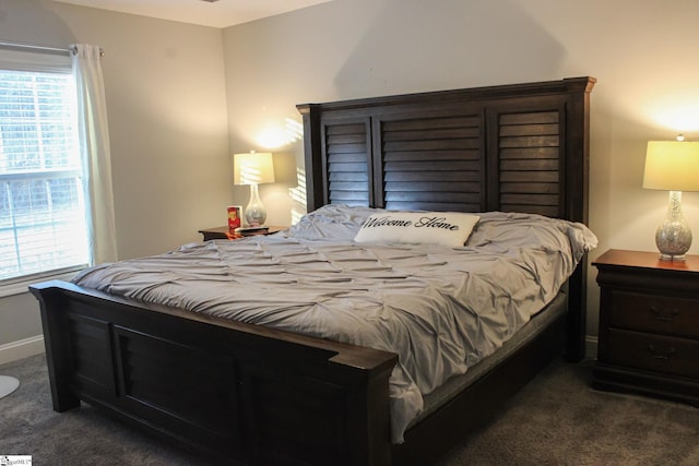 bedroom with multiple windows and dark carpet